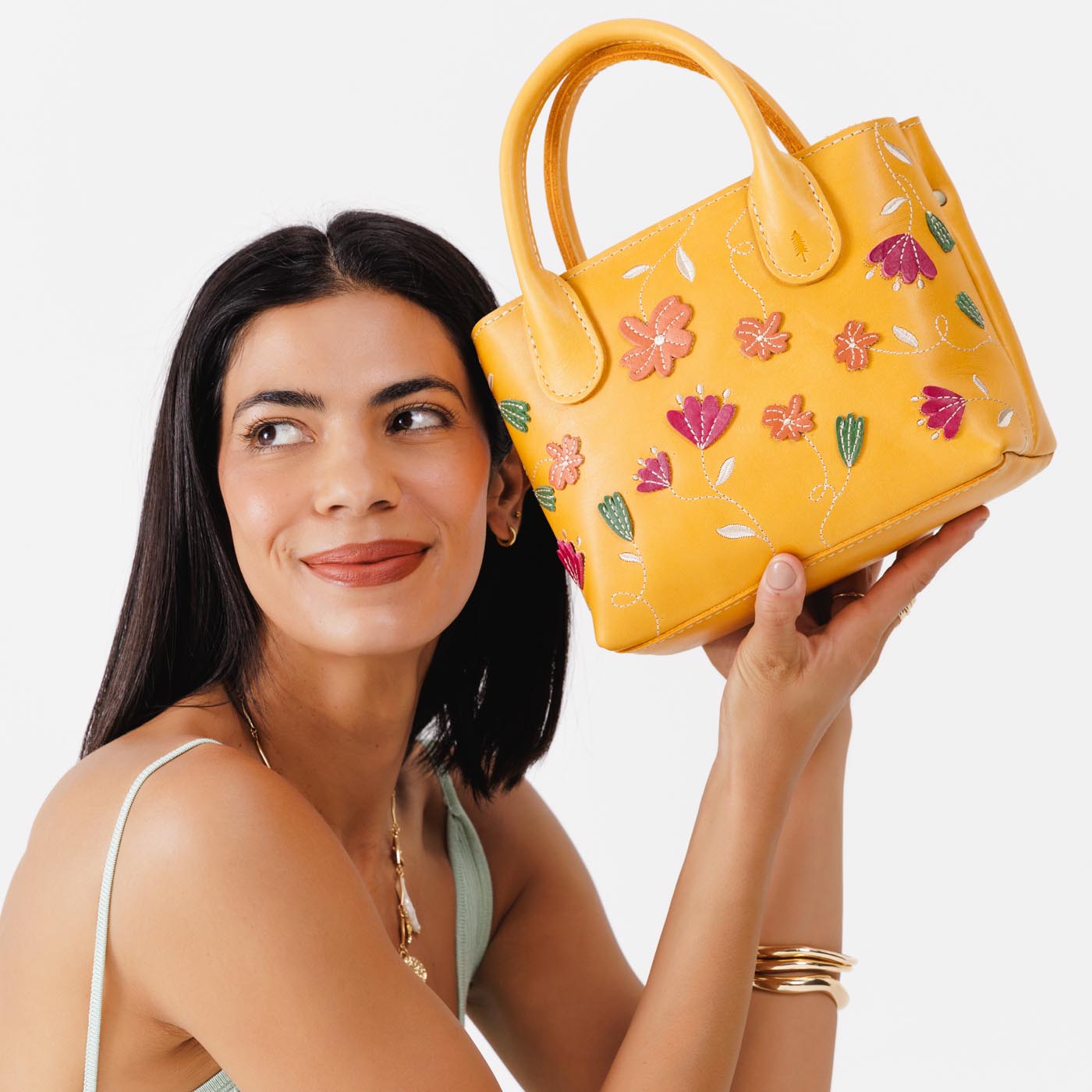 Folklore Sunflower*Small | Petite tote purse with embroidered flower design, structured leather handles, and crossbody strap