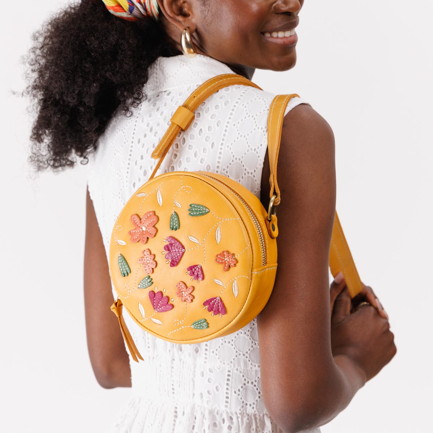 Folklore Sunflower*Small  | Circle shaped crossbody bag with embroidered flower design