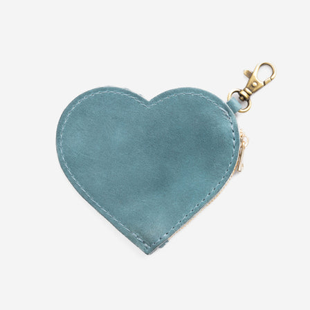 Aqua | top zippered heart shaped pouch with keychain