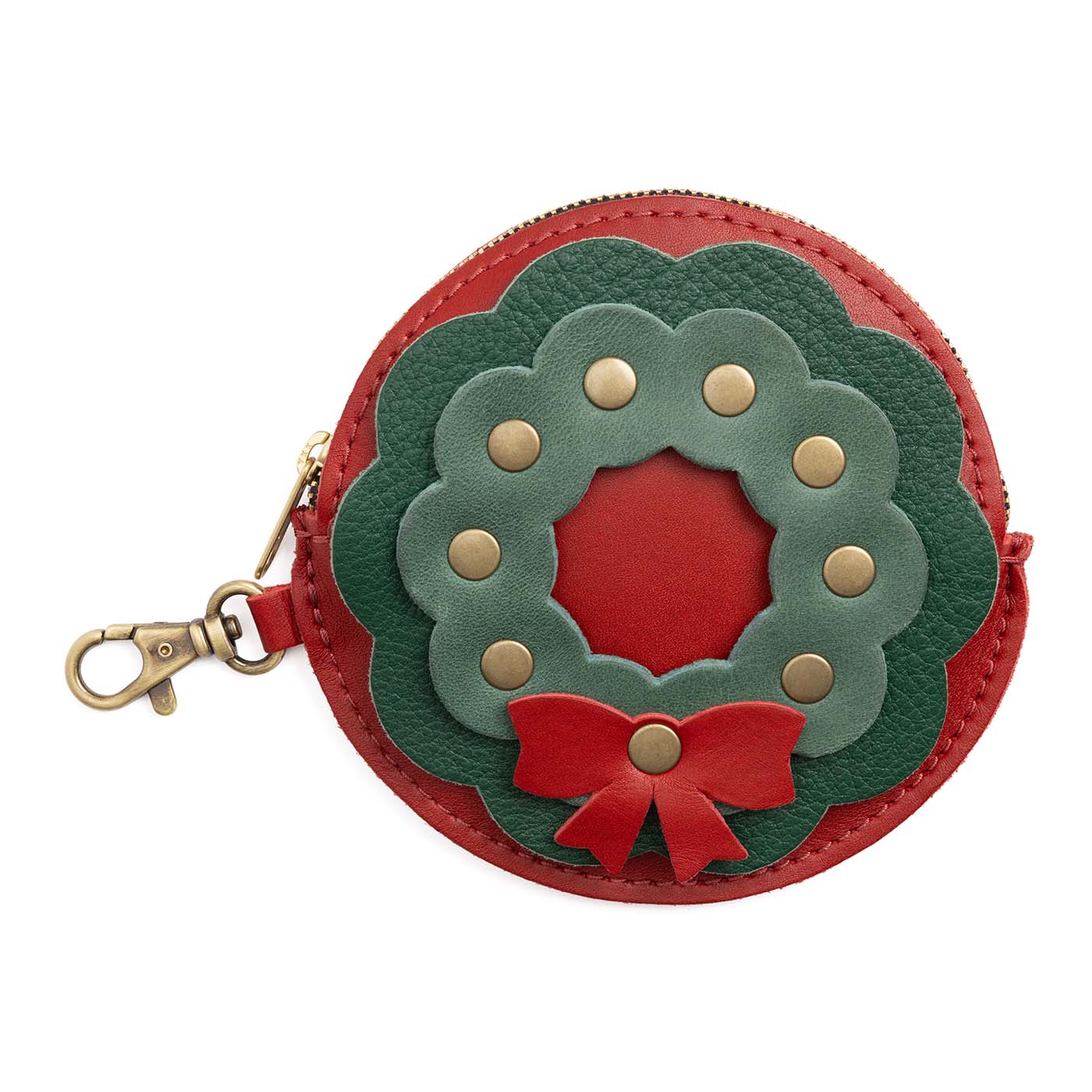 Wreath | Round holiday themed flat leather pouch with zipper and swivel lobster claw clasp