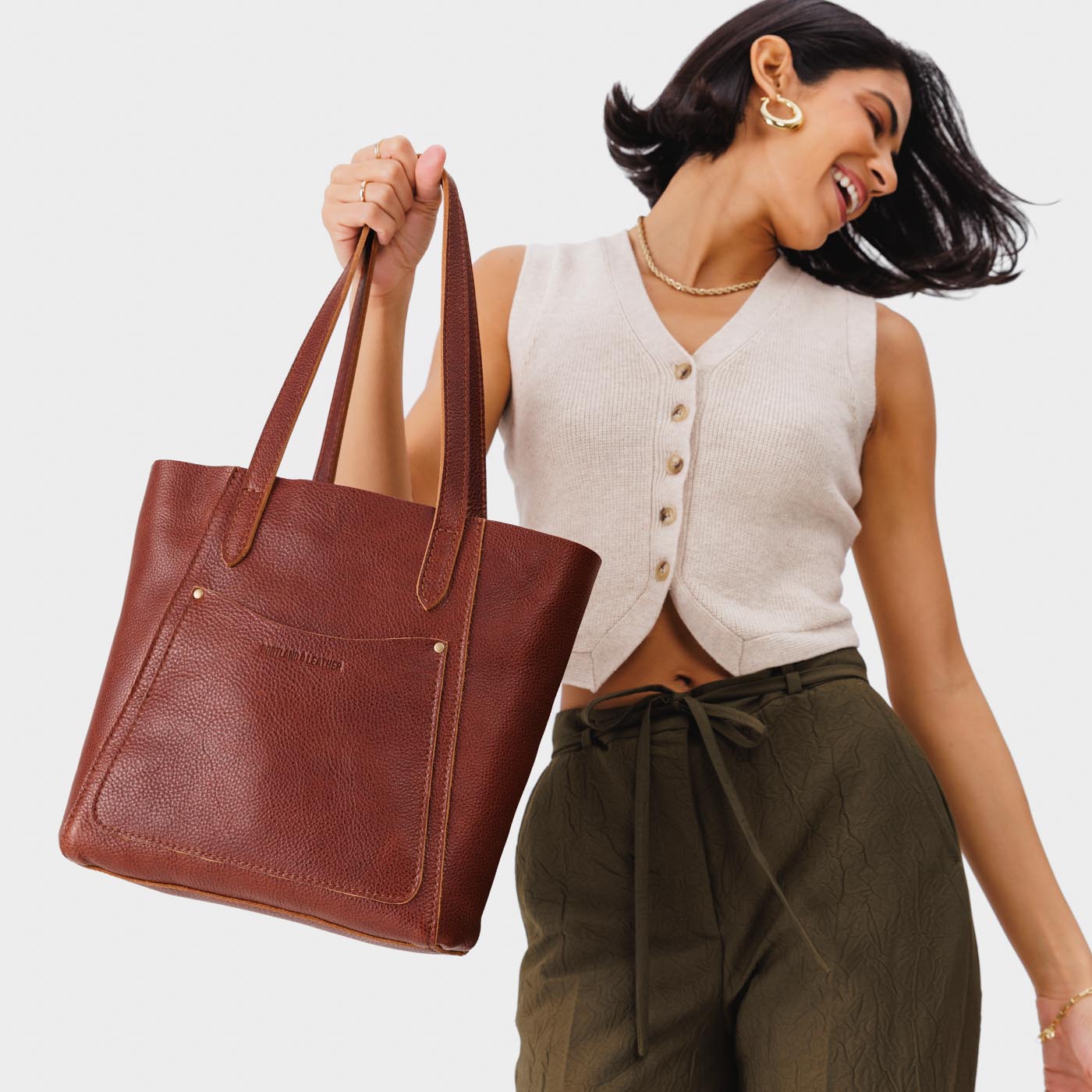 Nutmeg*Large | Dual shoulder strap tote bag with an exterior pocket