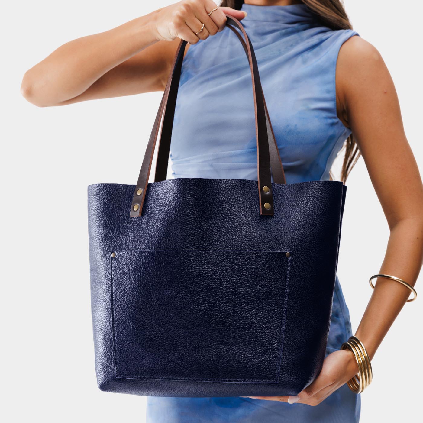 Cobalt*Classic | Large leather tote bag with sturdy bridle handles and front pocket