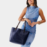 Cobalt Classic | Large leather tote bag with sturdy bridle handles and front pocket