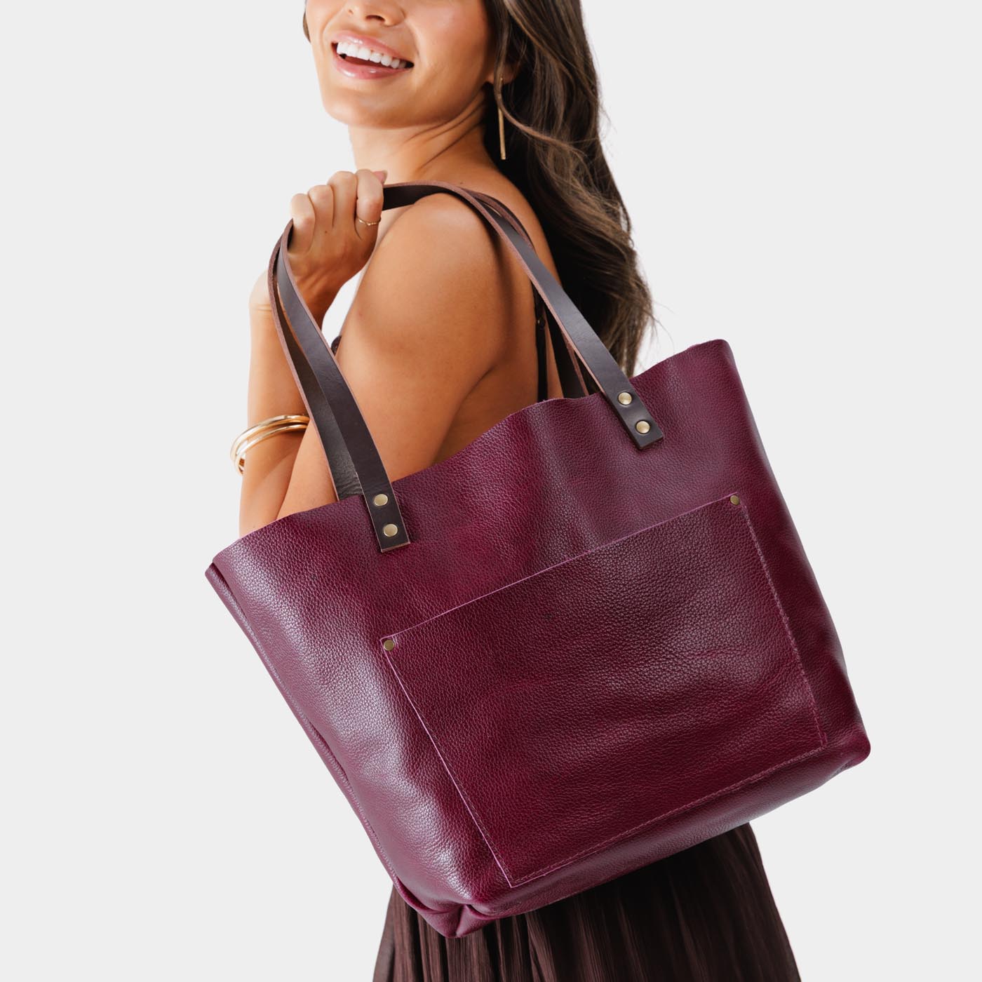 Orchid*Classic | Large leather tote bag with sturdy bridle handles and front pocket