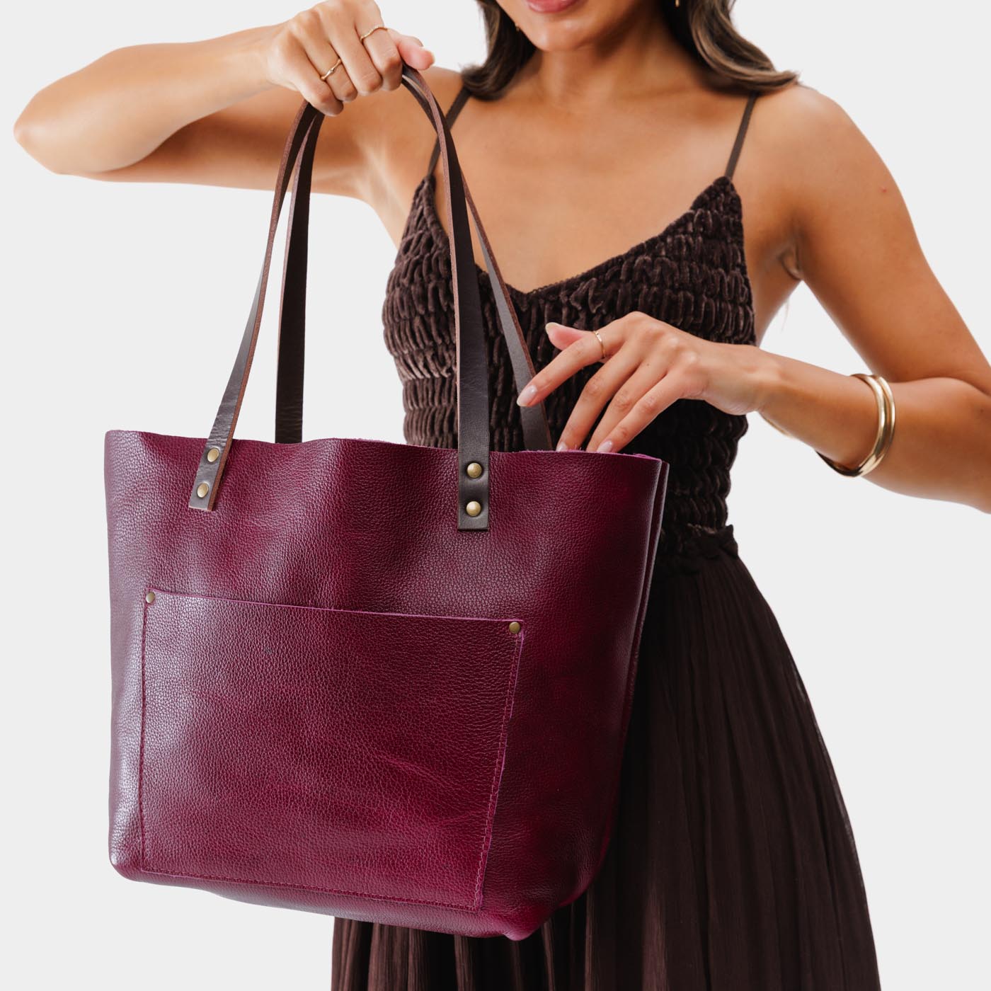 Orchid*Classic | Large leather tote bag with sturdy bridle handles and front pocket