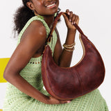 Cinnamon Bear Large  | Large crescent shaped shoulder bag with zipper closure and adjustable strap