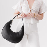 Pebbled--black Large  | Large crescent shaped shoulder bag with zipper closure and adjustable strap