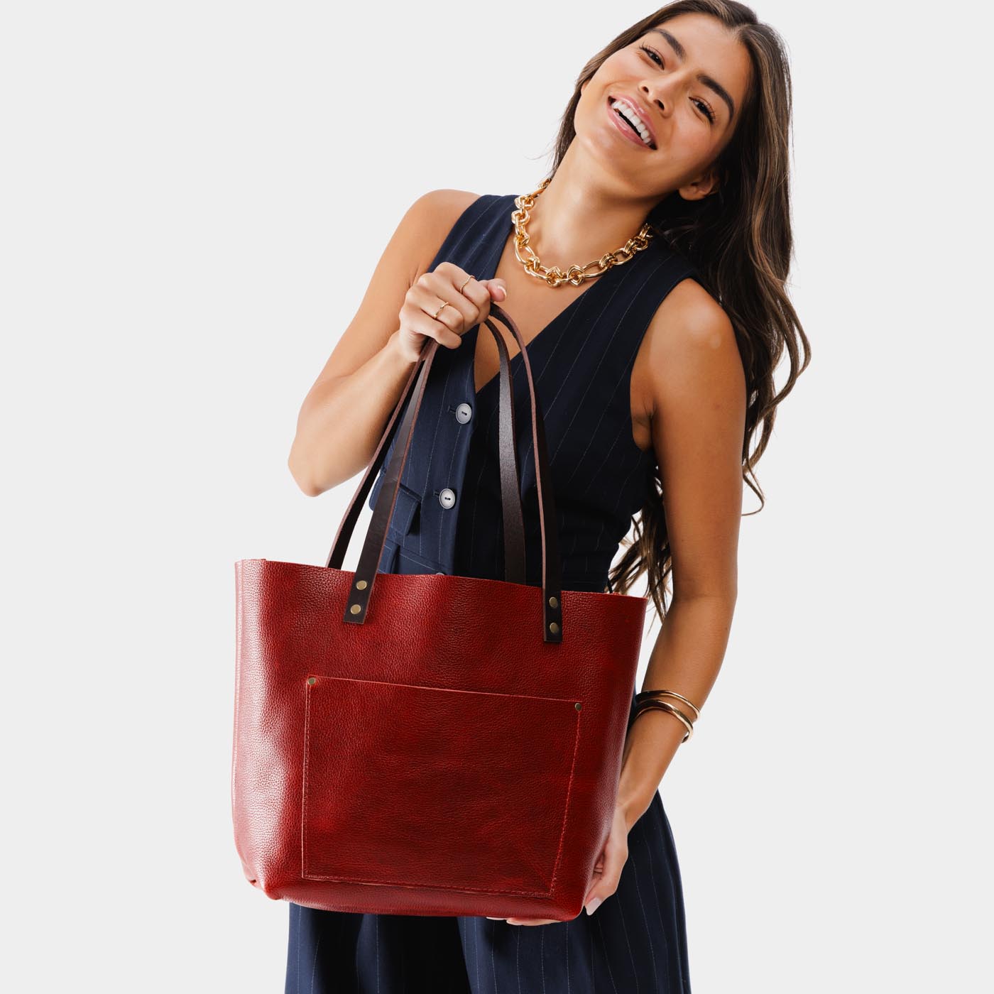 Chili Red*Classic | Large leather tote bag with sturdy bridle handles and front pocket