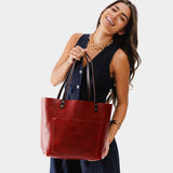 Chili Red Classic | Large leather tote bag with sturdy bridle handles and front pocket