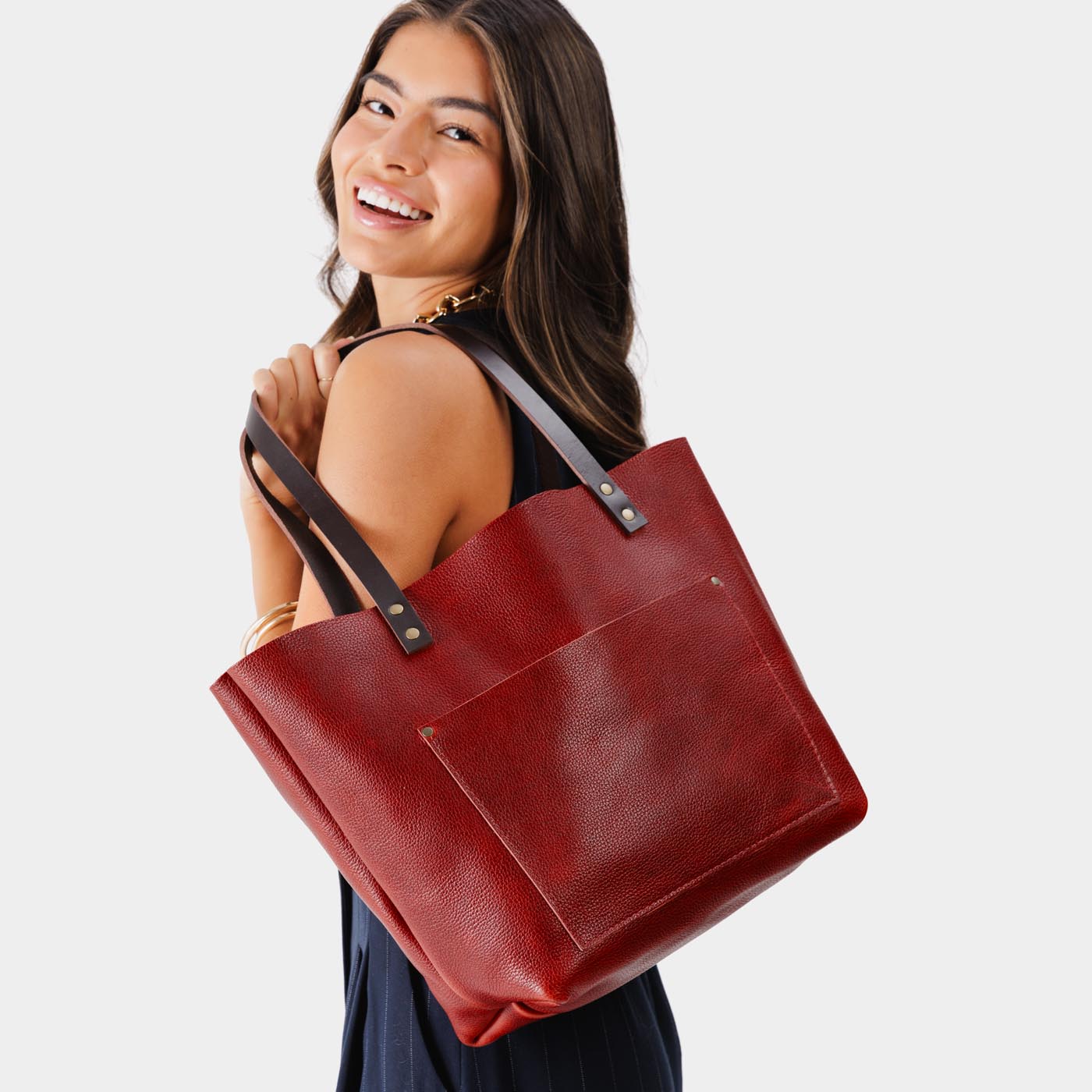 Chili Red*Classic | Large leather tote bag with sturdy bridle handles and front pocket