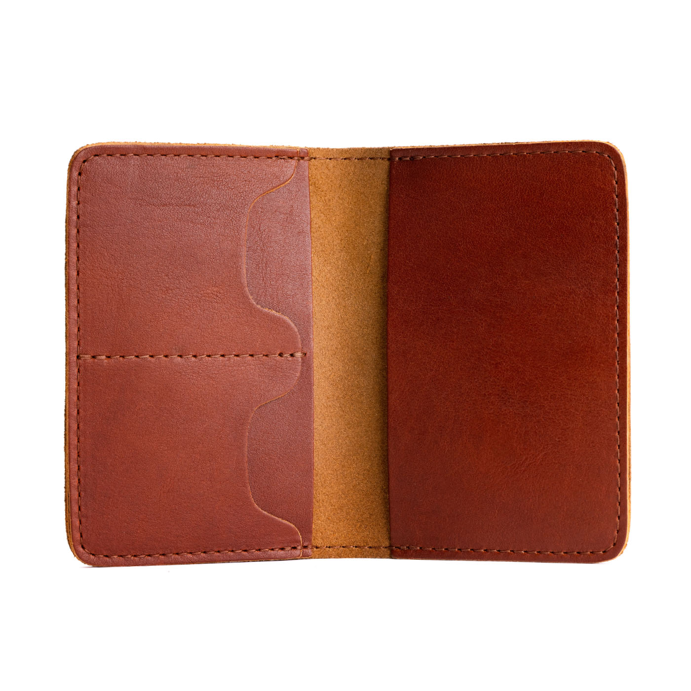 Chestnut | Leather passport case with PLG logo open