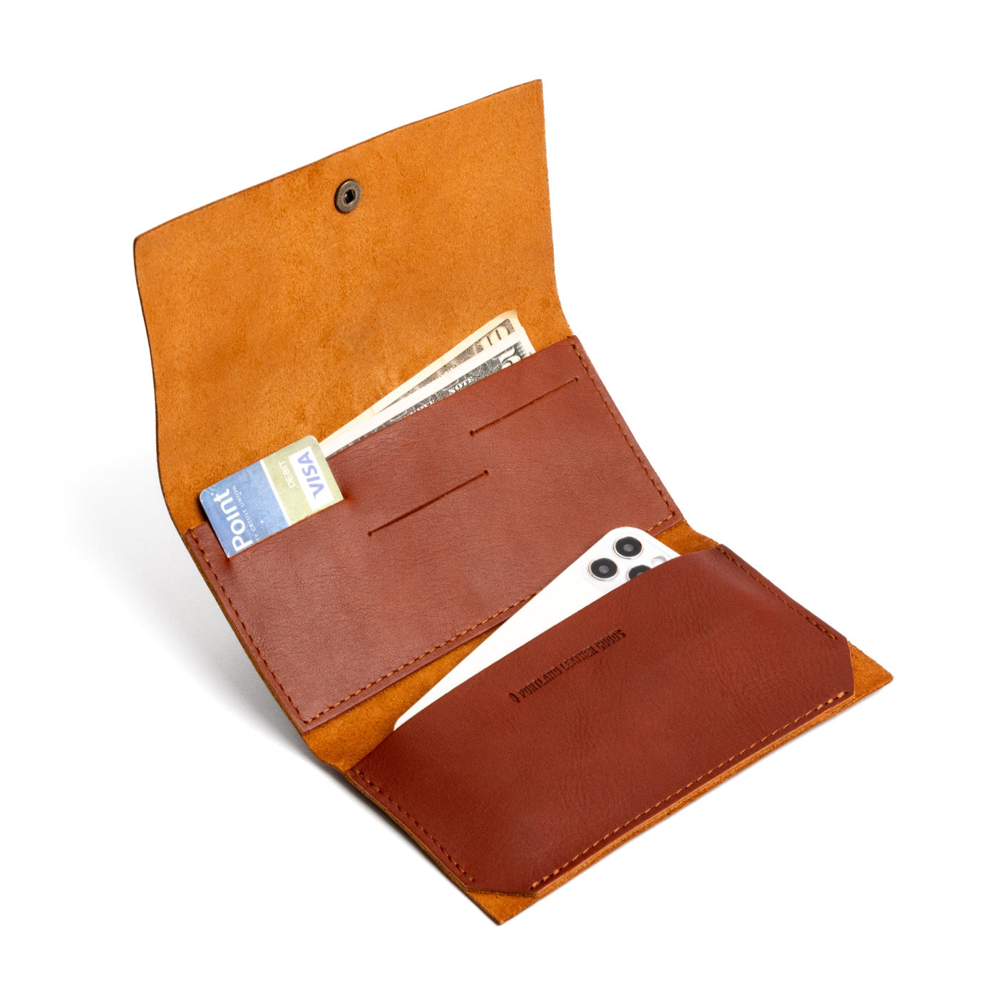 Chestnut | Leather wallet with snap closure open