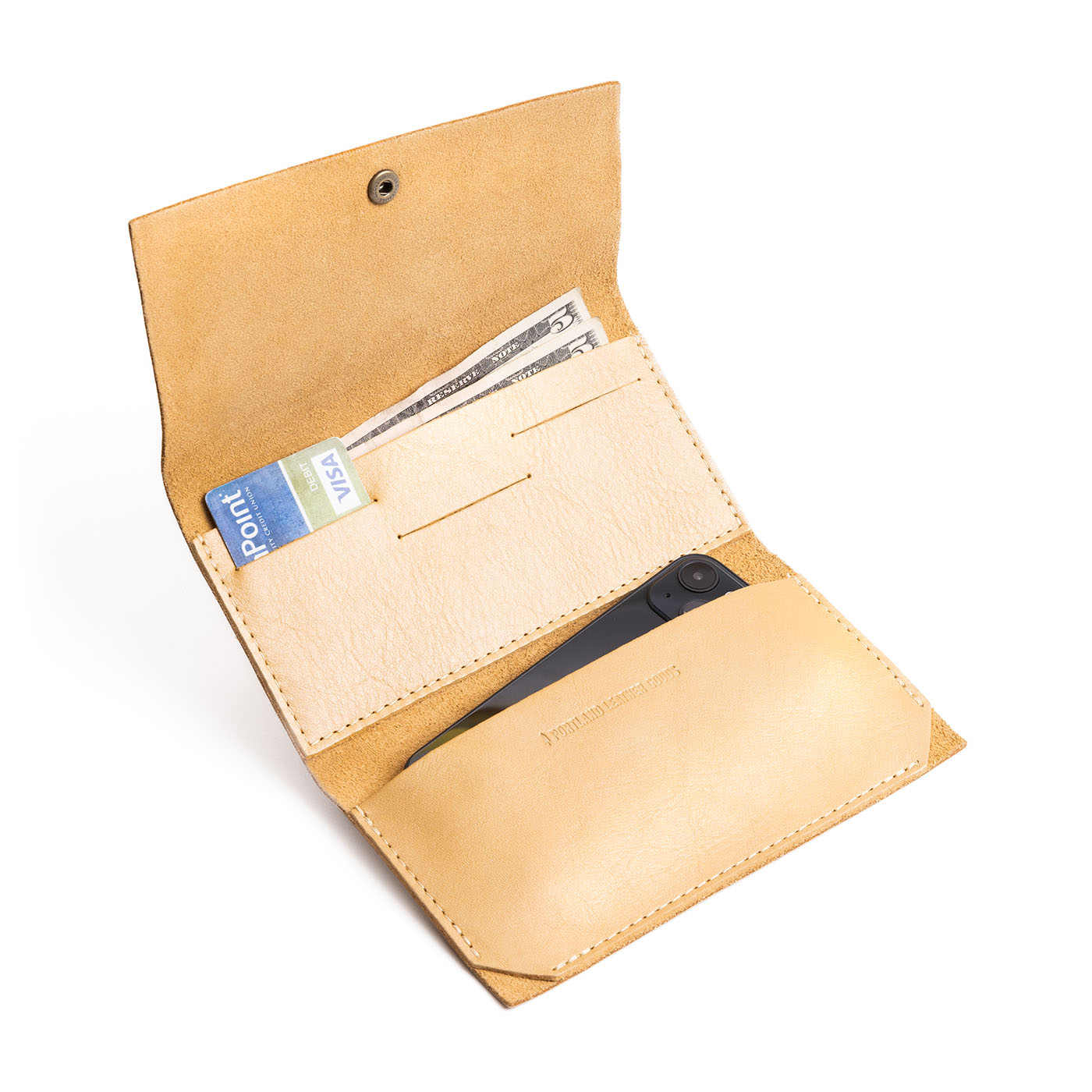 Champagne | Leather wallet with snap closure open