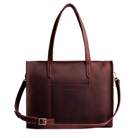 Merlot*East/West | Structured wide tote bag with overlapping panels and crossbody strap