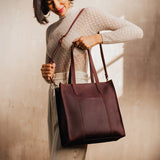  Merlot North/South | Structured large tote bag with overlapping panels and crossbody strap