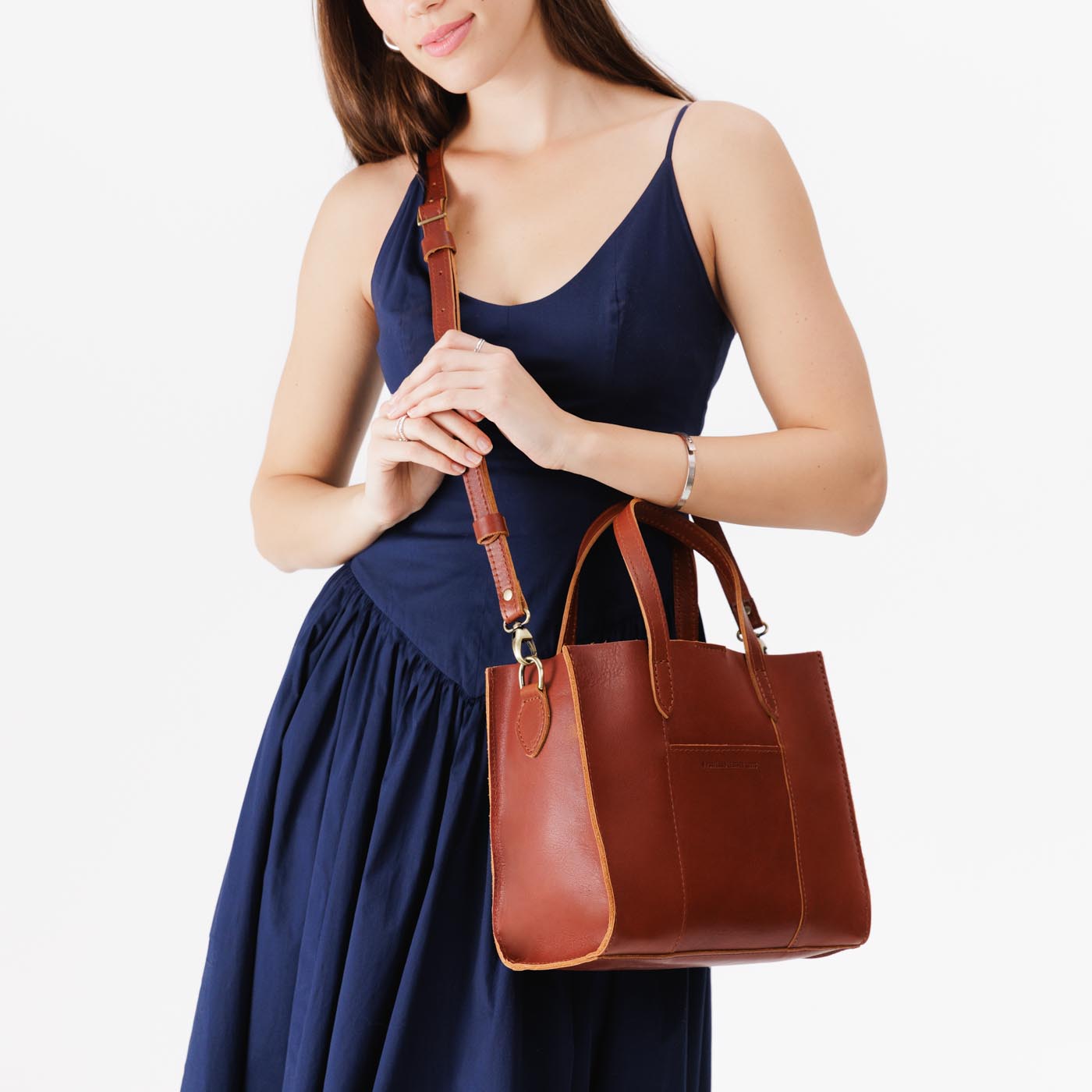 Chestnut | Structured mid-size tote bag with overlapping panels and crossbody strap