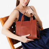 Chestnut | Structured mid-size tote bag with overlapping panels and crossbody strap