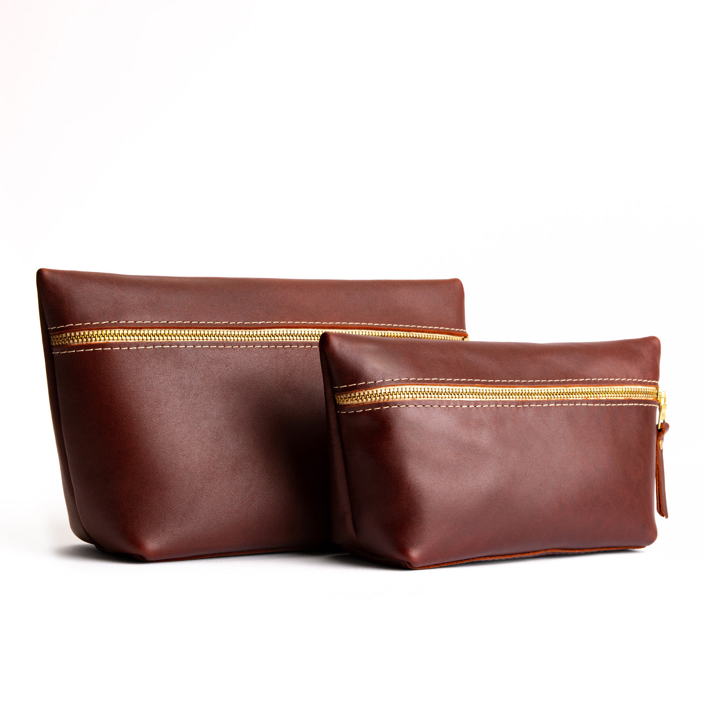 Cognac | Large leather makeup bag with zipper