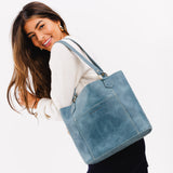  Aqua | Medium tote bag with antiqued brass toned hardware and front pocket