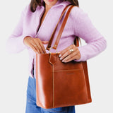 Madrone | Medium tote bag with antiqued brass toned hardware and front pocket