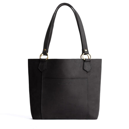 Shadow Black | Medium tote bag with antiqued brass toned hardware and front pocket