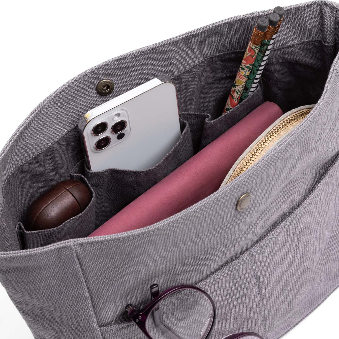 Gray*Medium   | Close up of Medium Canvas Organizer with a few small items inside