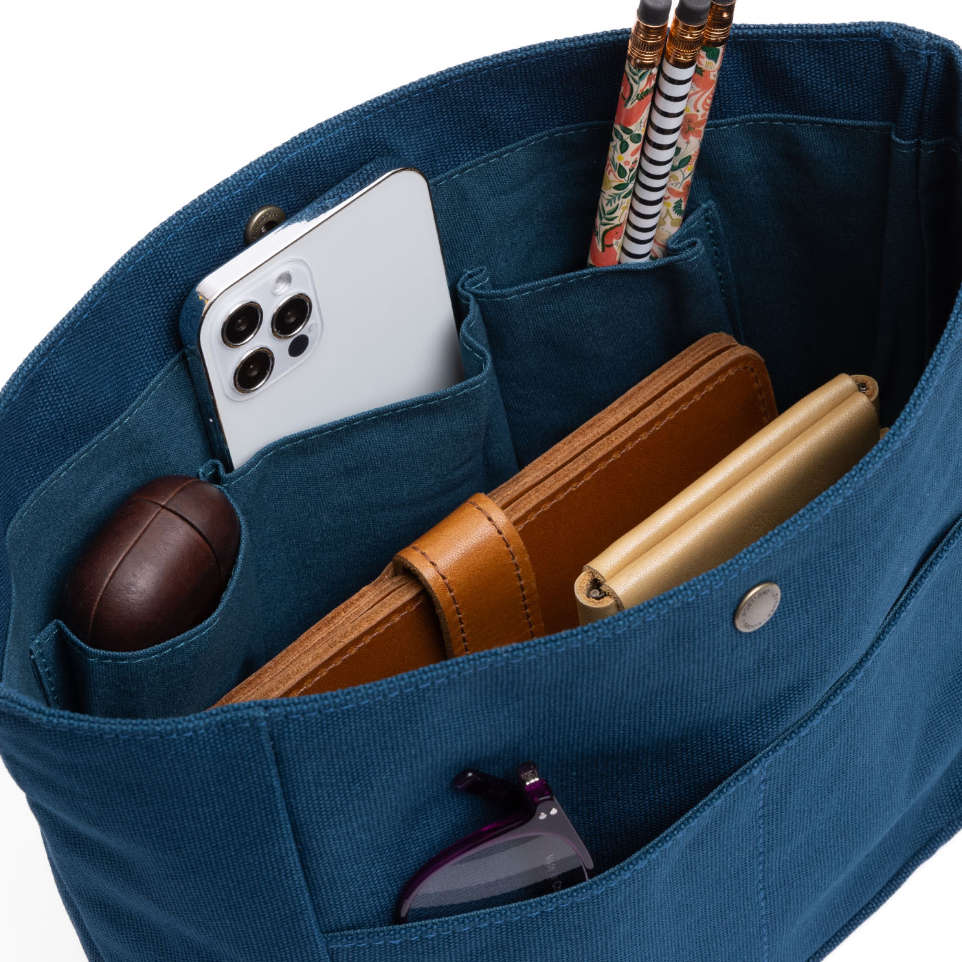 Naples Blue*Medium   | Close up of Medium Canvas Organizer with a few small items inside