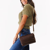 Coldbrew Medium | Model wearing leather Crossbody Bag with Magnetic Messenger Bag Closure