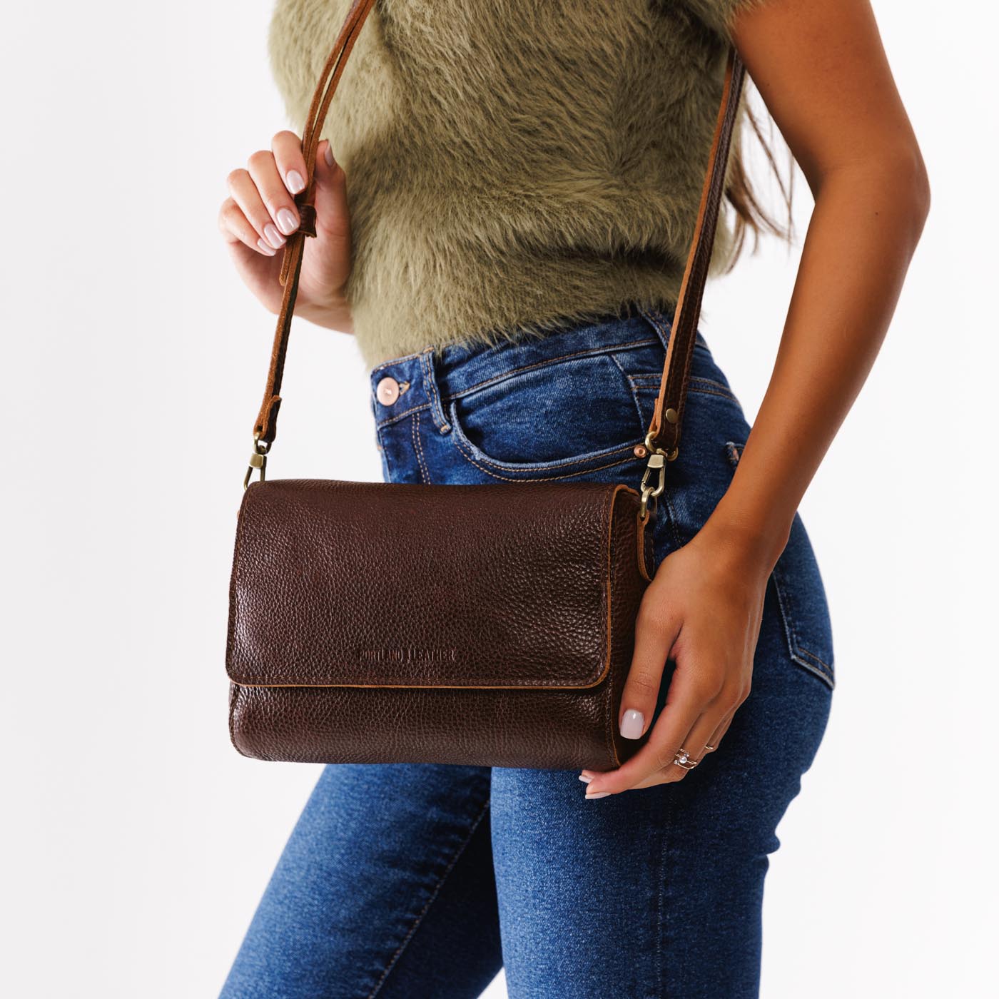 Coldbrew*Medium | Model wearing leather Crossbody Bag with Magnetic Messenger Bag Closure