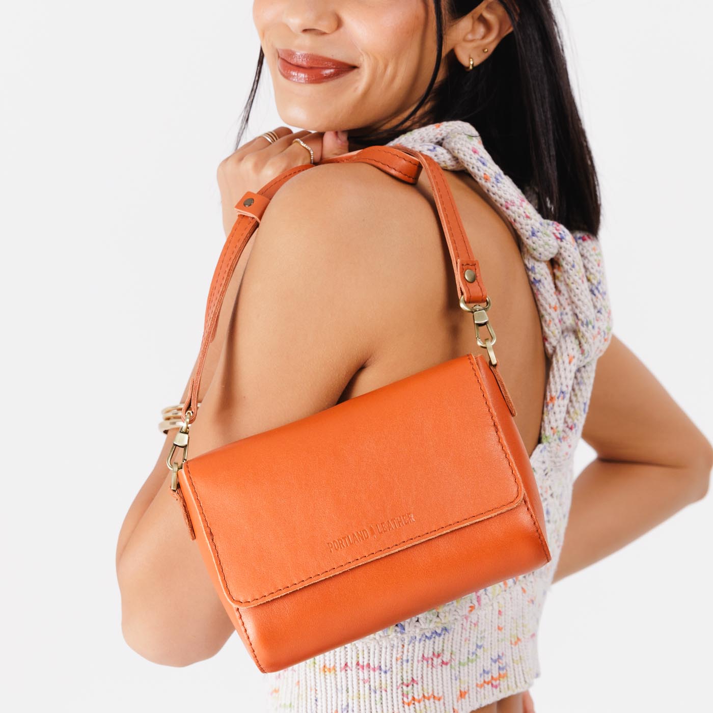 Persimmon*Mini| Model Wearing Small Leather Crossbody Bag with Magnetic Messenger Bag Closure