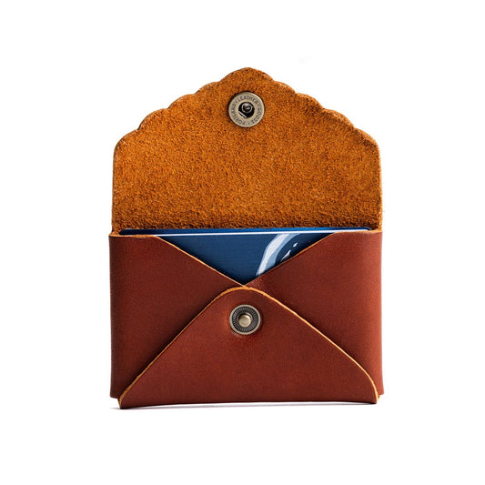 Chestnut | Small leather card wallet with scalloped edge open