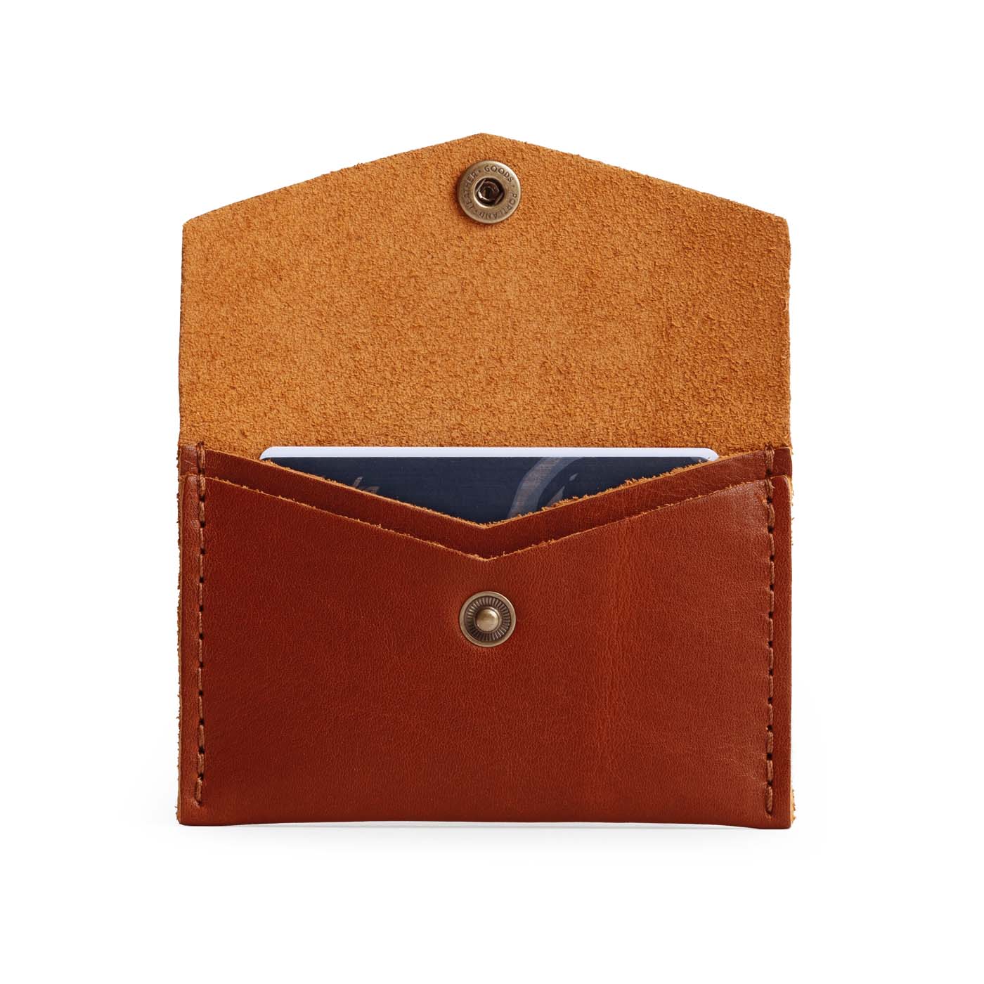 Chestnut | Small leather envelope card wallet with snap closure open