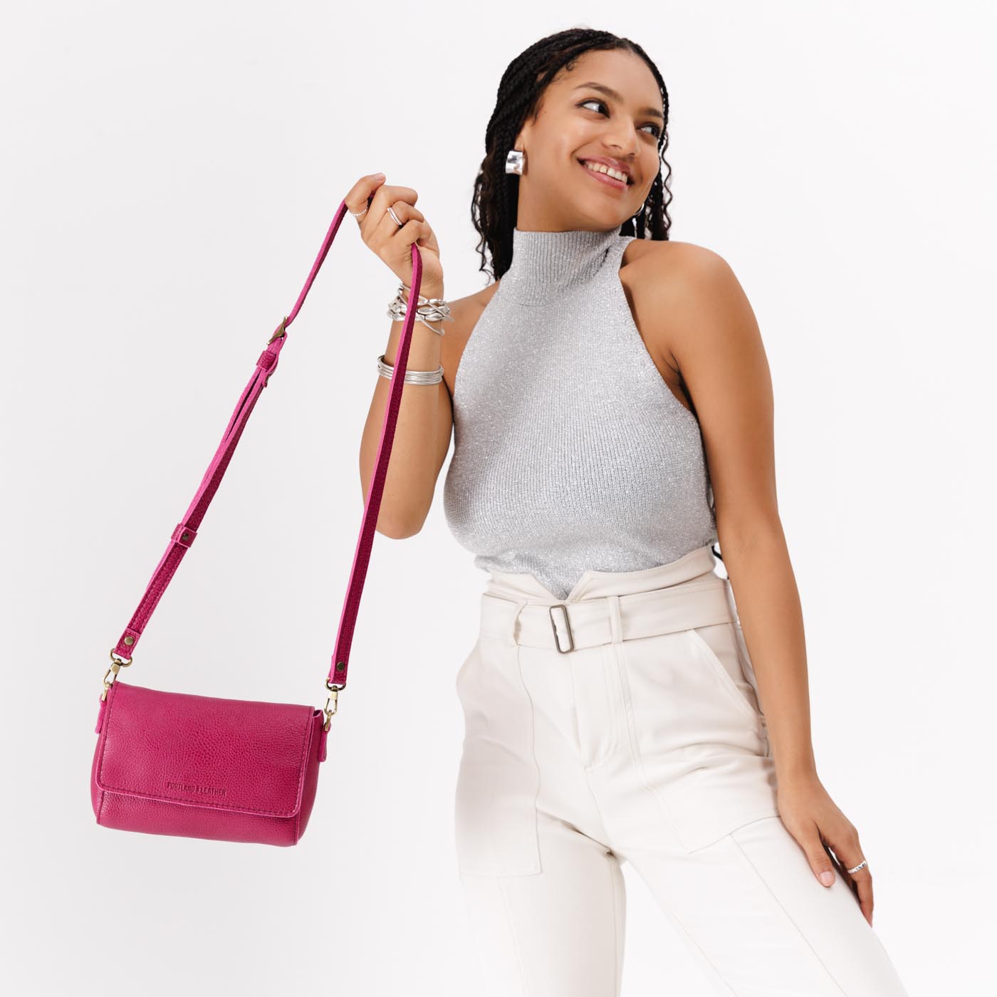 Cosmo*Mini | Model Wearing Small Leather Crossbody Bag with Magnetic Messenger Bag Closure