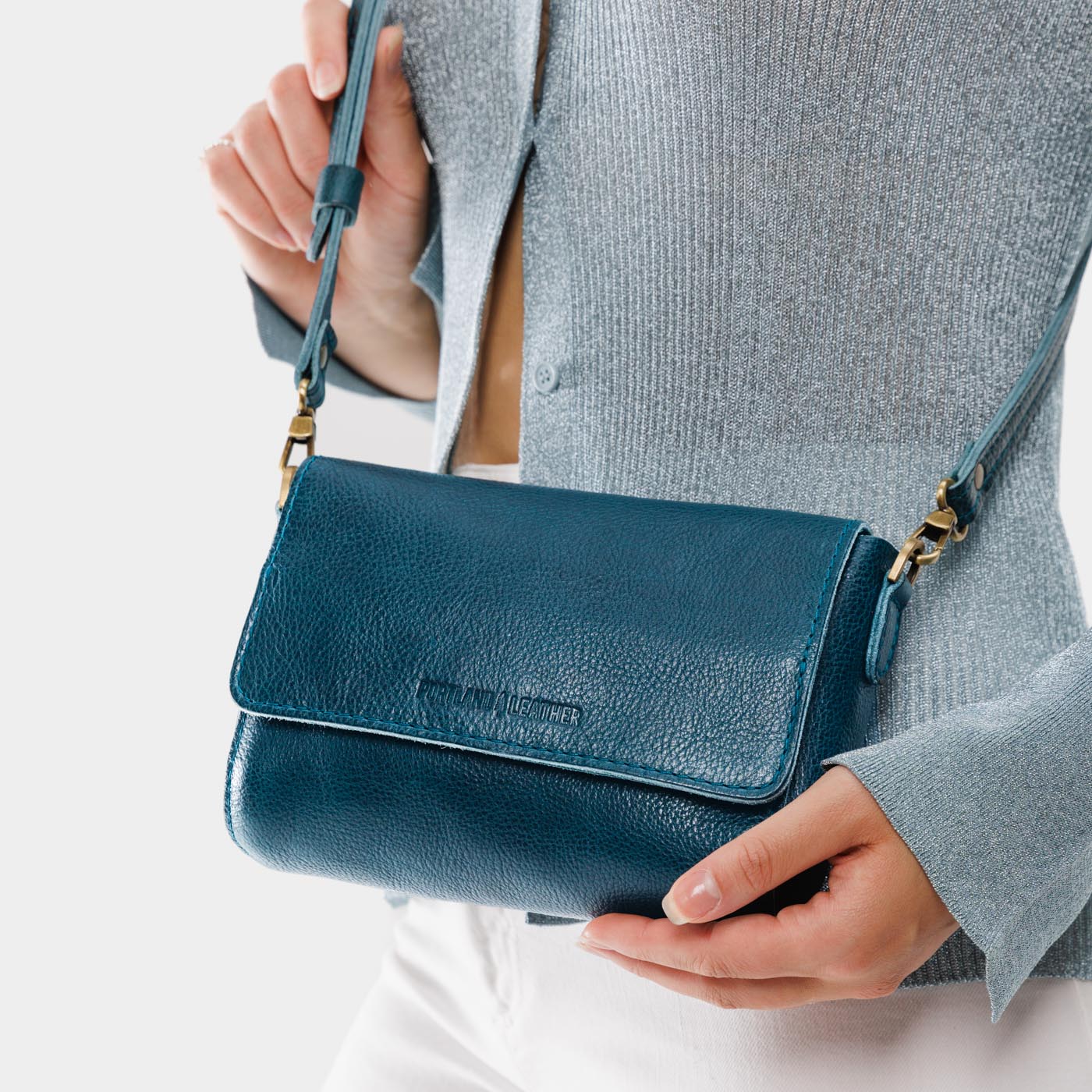 Lagoon*Mini | Model wearing Small Leather Crossbody Bag with Magnetic Messenger Bag Closure