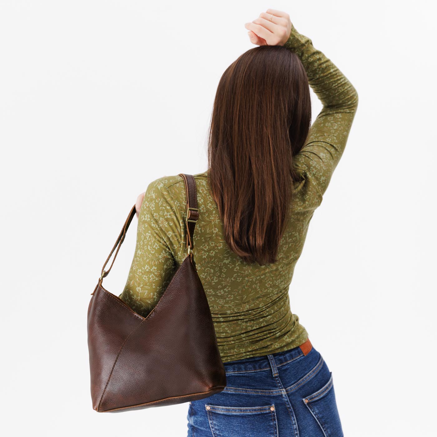 Coldbrew*Small | Model wearing petite shoulder bag with adjustable strap and magnetic snap closure