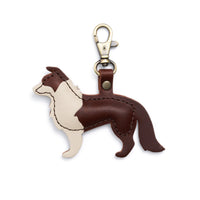 Cognac | Leather border collie shaped keychain with metal lobster clasp