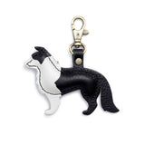 Pebbled--black | Leather border collie shaped keychain with metal lobster clasp