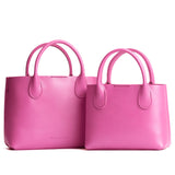 Lip Gloss | Side by side of both tote purses with structured leather handles and crossbody strap