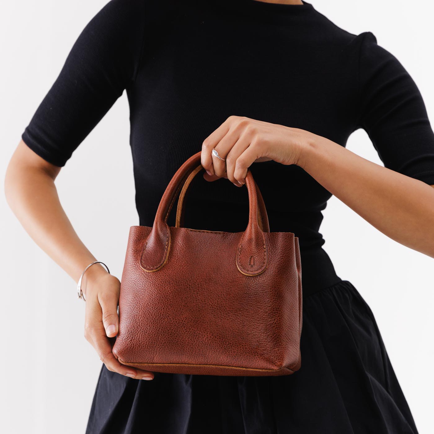 Nutmeg*Small | Petite tote purse with structured leather handles and crossbody strap