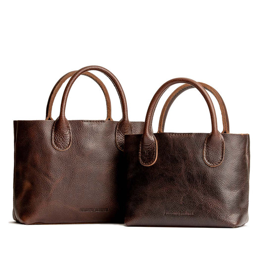 Coldbrew | Side by side of both tote purses with structured leather handles and crossbody strap