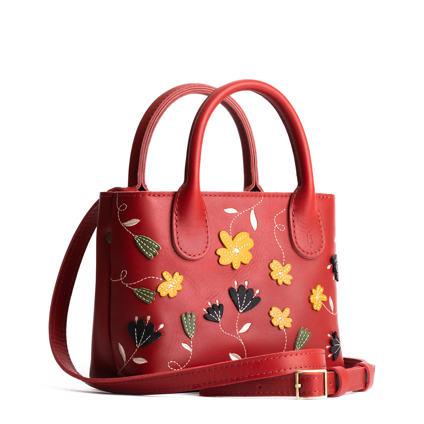 Folklore Ruby*Small | Petite tote purse with embroidered flower design, structured leather handles, and crossbody strap