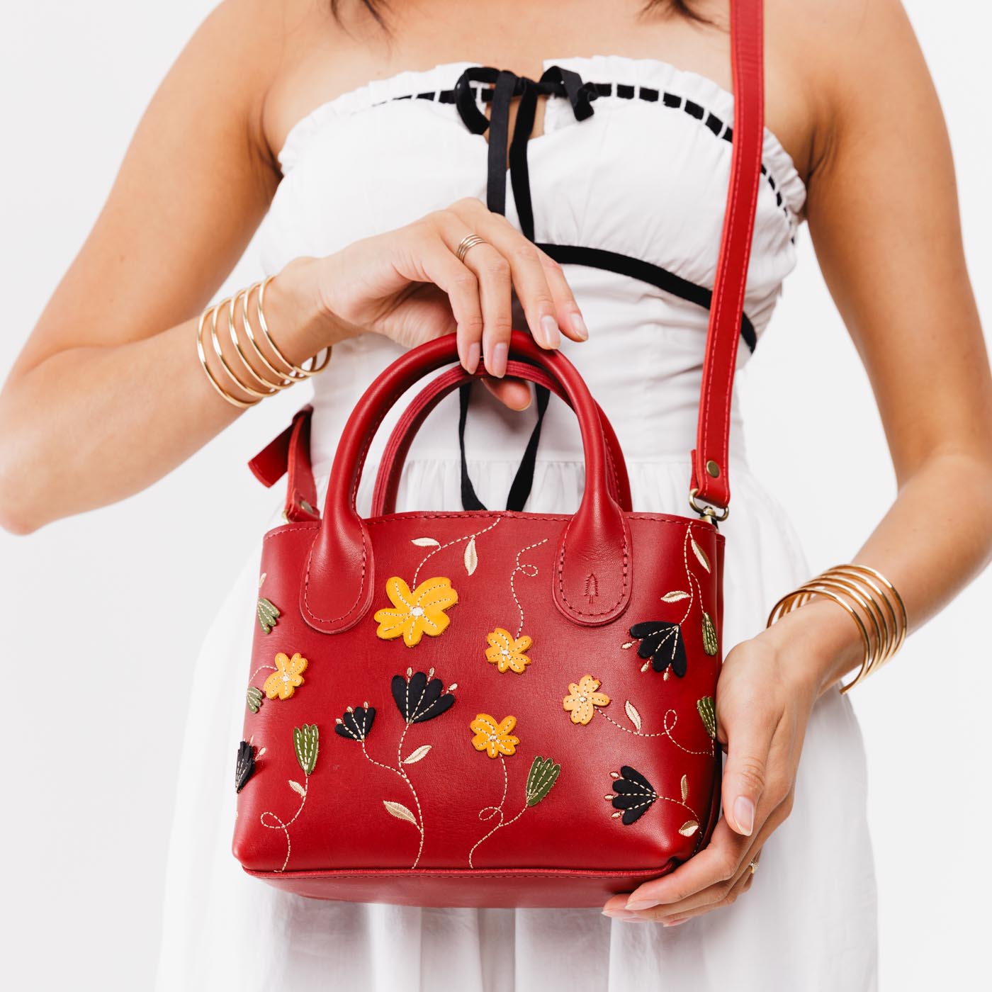 Folklore Ruby*Small | Petite tote purse with embroidered flower design, structured leather handles, and crossbody strap