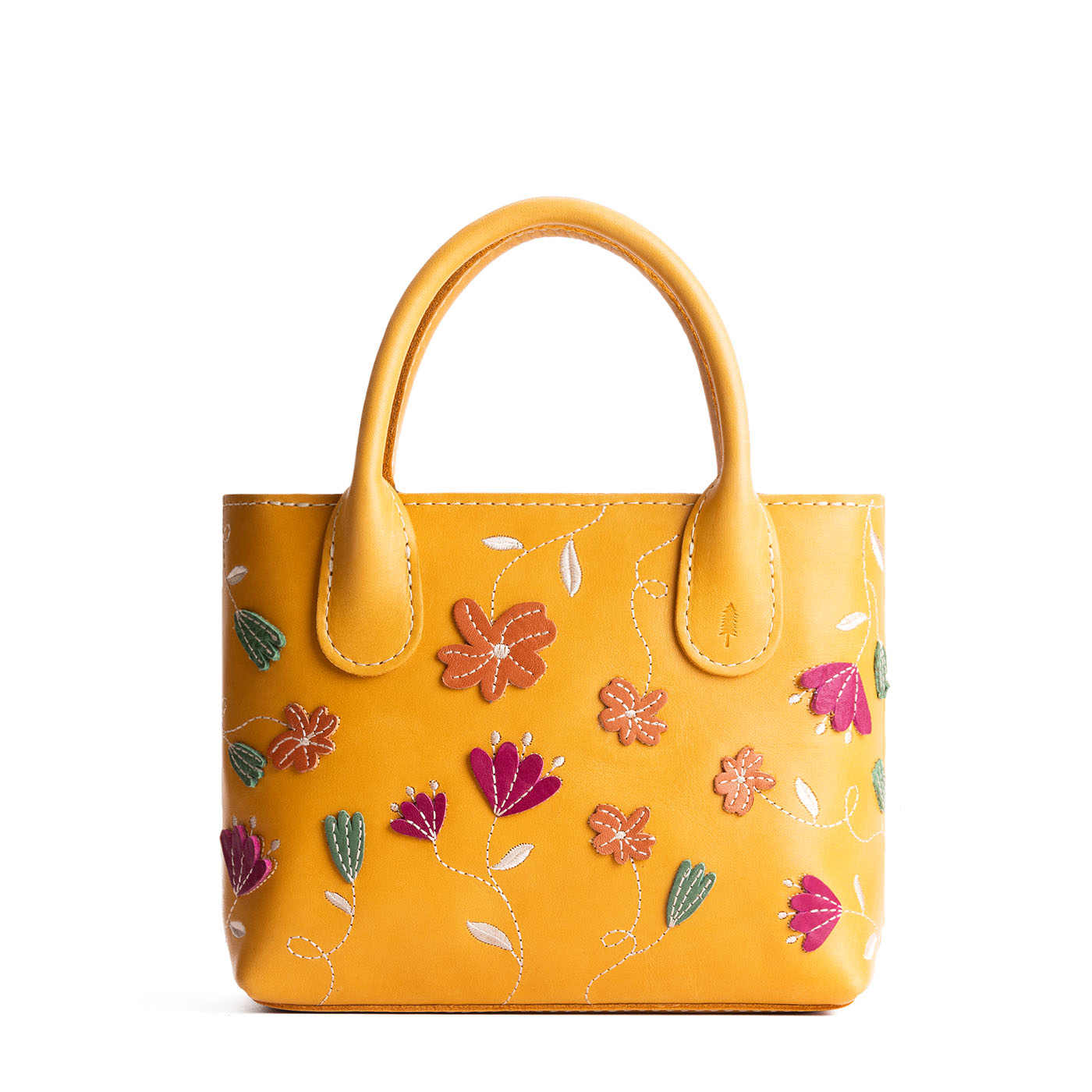 Folklore Sunflower*Small | Petite tote purse with embroidered flower design, structured leather handles, and crossbody strap