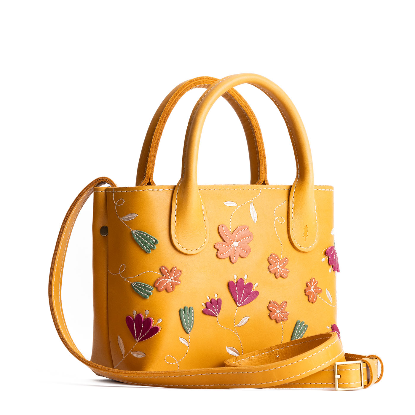 Folklore Sunflower*Small | Petite tote purse with embroidered flower design, structured leather handles, and crossbody strap