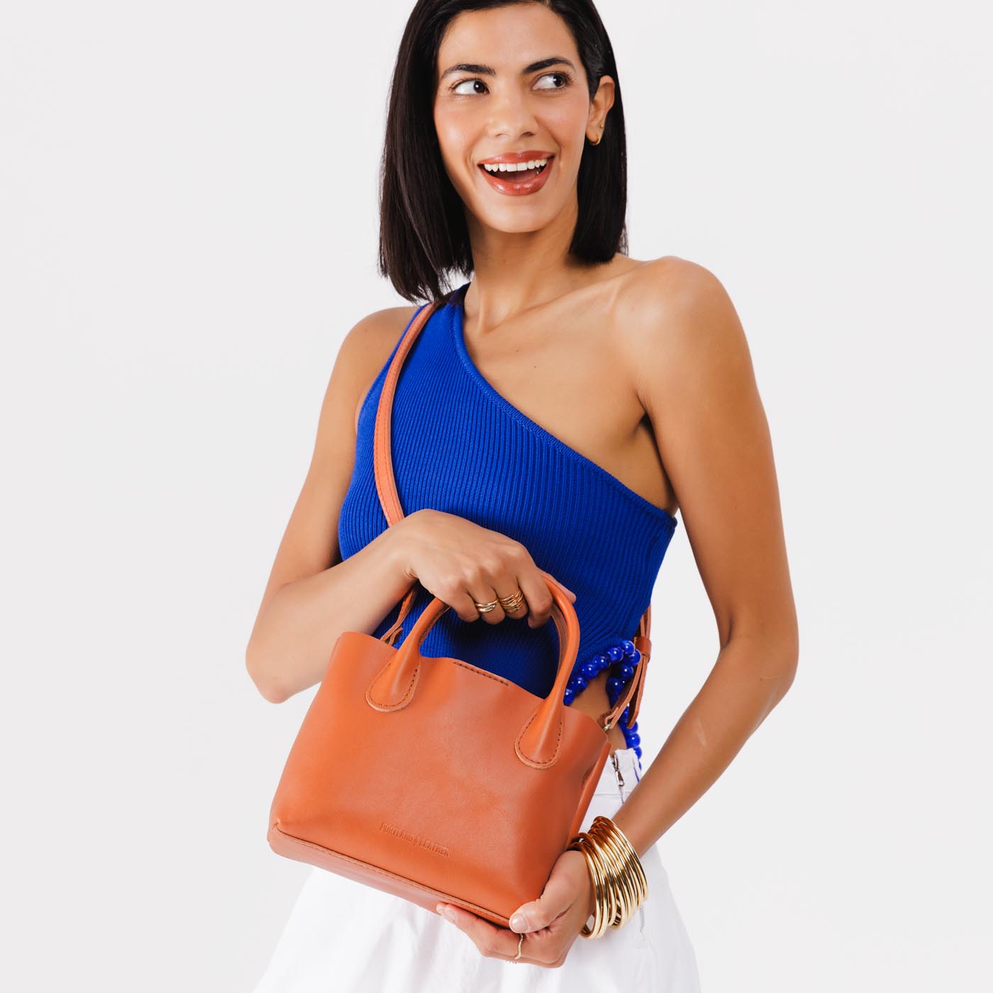 Persimmon*Small | Petite tote purse with structured leather handles and crossbody strap