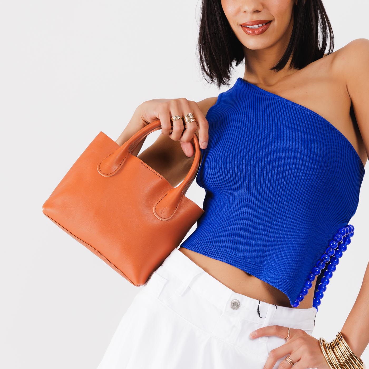 Persimmon*Small | Petite tote purse with structured leather handles and crossbody strap