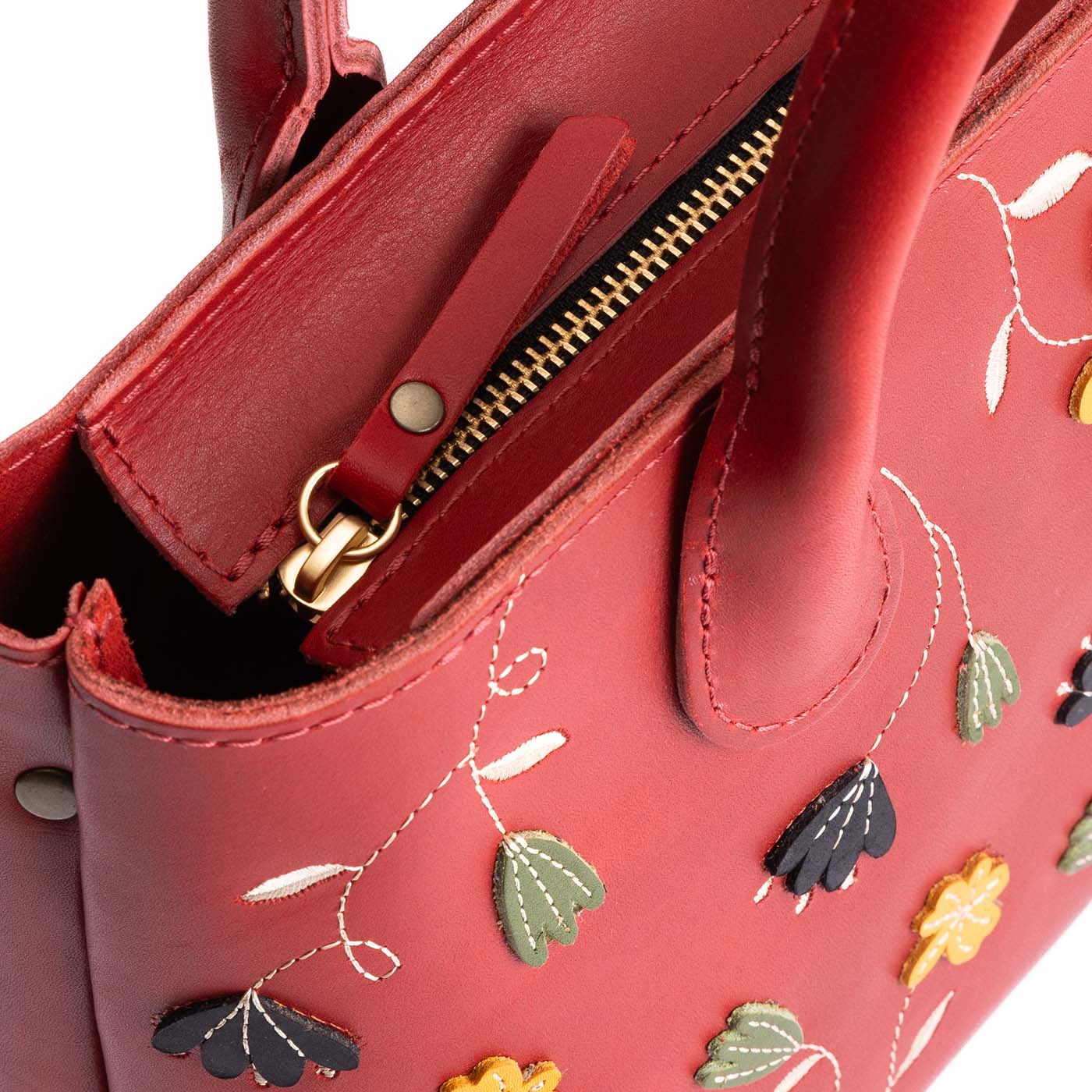 Folklore Ruby*ANY*Zipper | Petite tote purse with embroidered flower design, structured leather handles, and crossbody strap