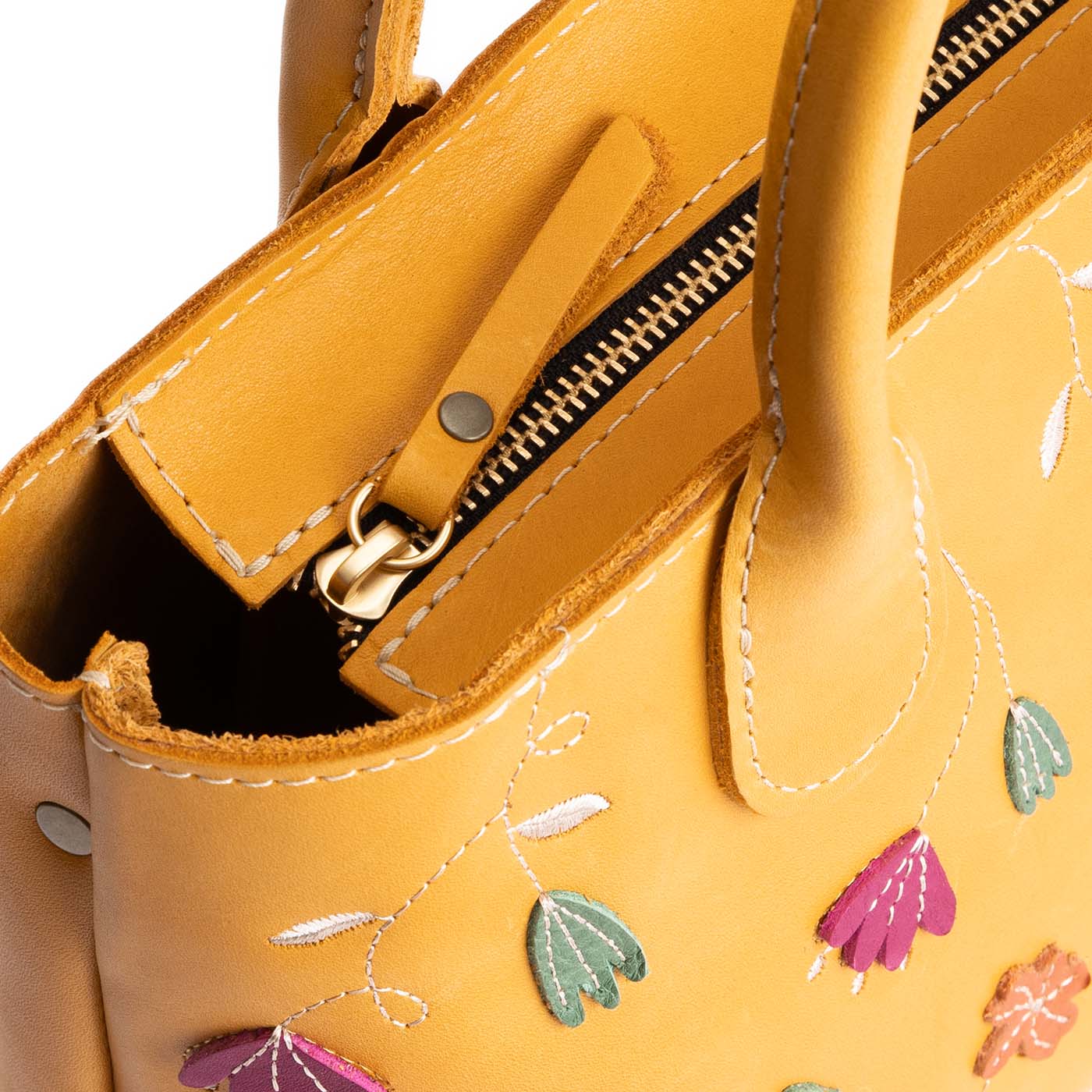 Folklore Sunflower*ANY*Zipper | Petite tote purse with embroidered flower design, structured leather handles, and crossbody strap