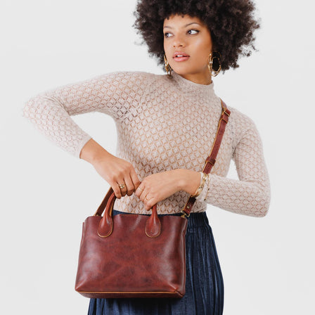 Cinnamon Bear*Small | Petite tote purse with structured leather handles and crossbody strap