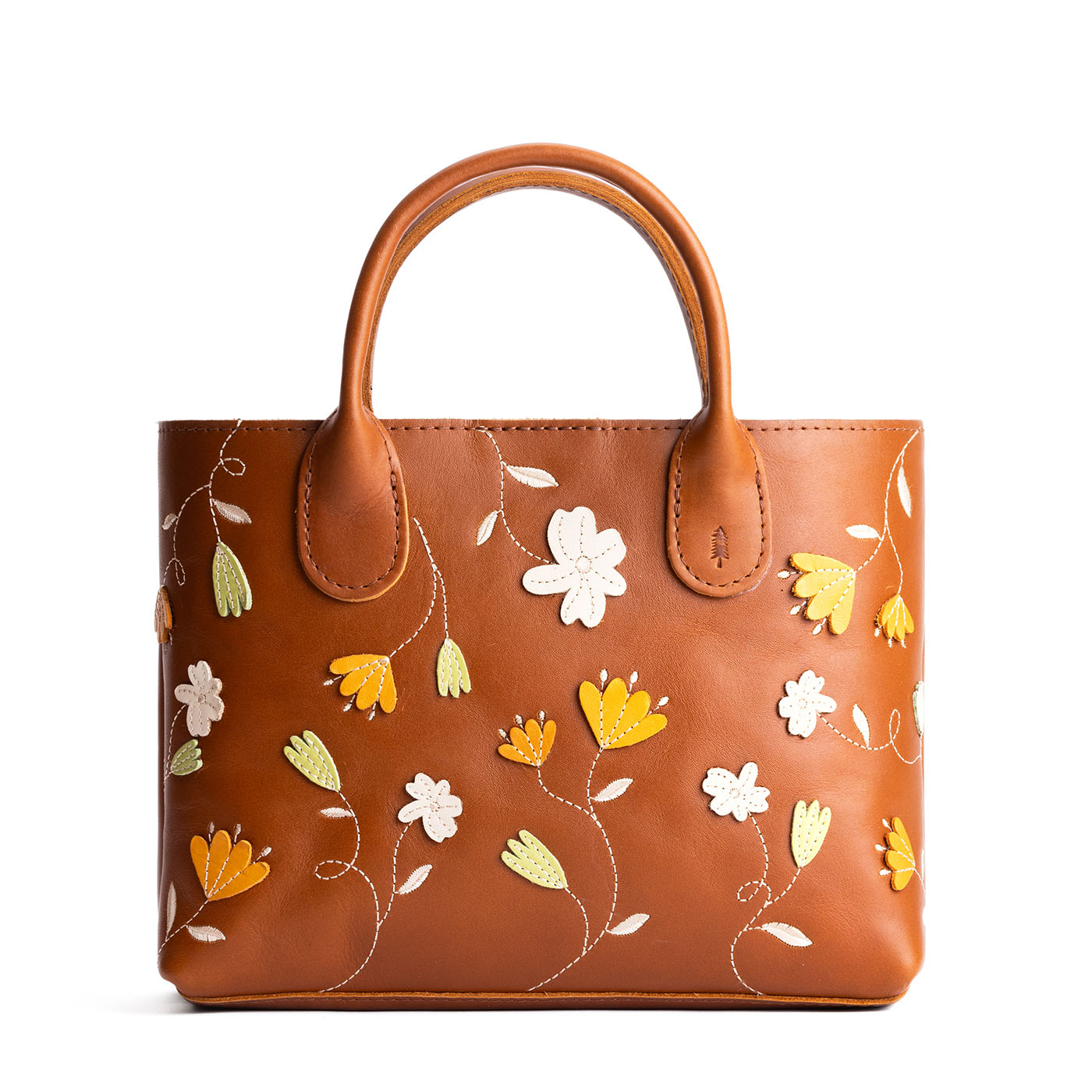 Folklore Honey*Large | Mid-size tote purse with embroidered flower design, structured leather handles, and crossbody strap